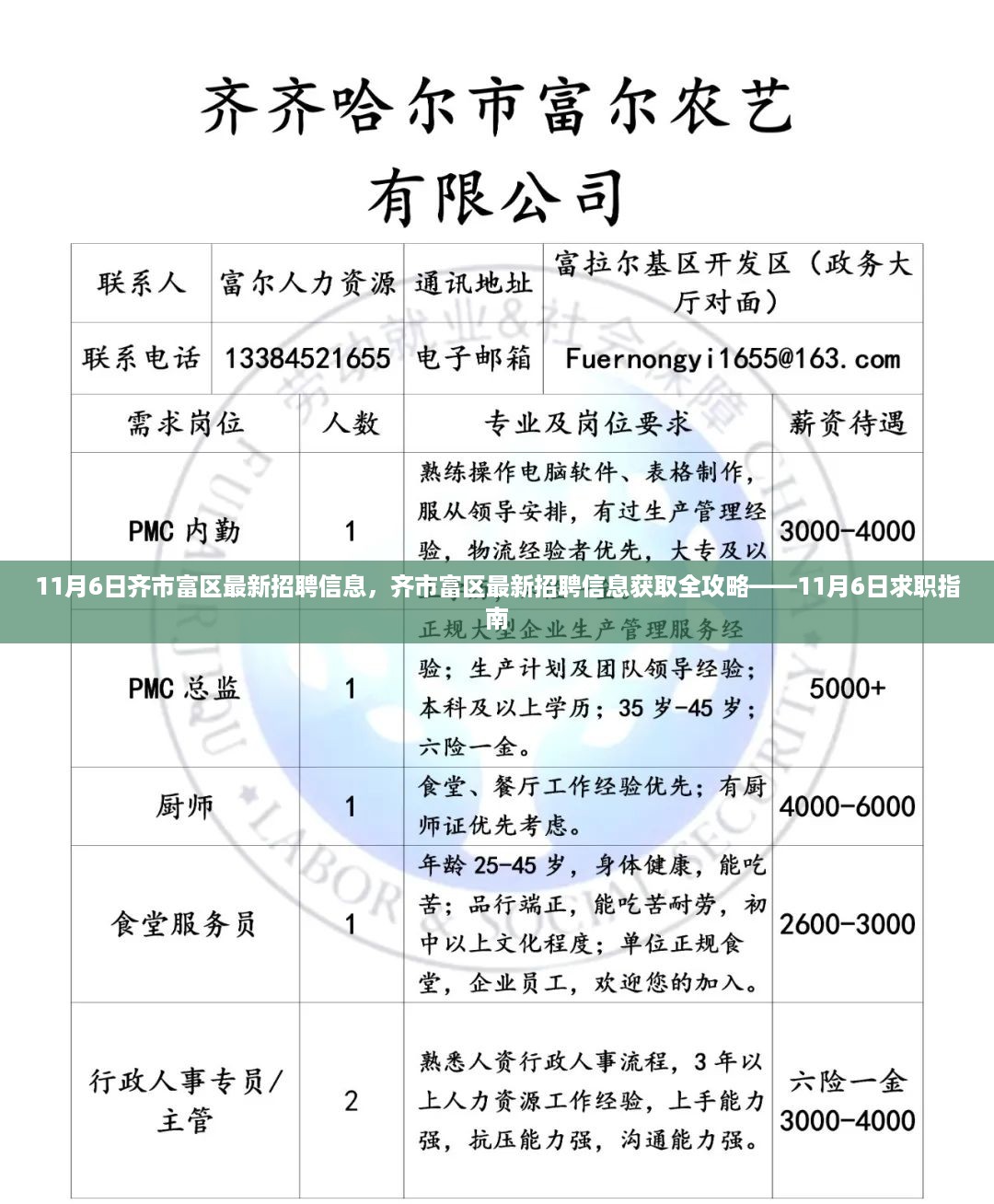 齐市富区最新招聘信息全攻略，11月6日求职指南发布